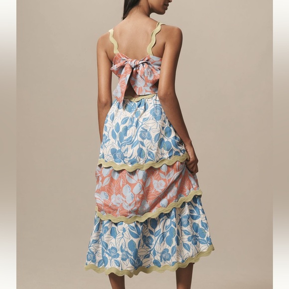 NWT FARM RIO x Anthropologie Linen Tiered Ric Rac Midi Dress, XS P - Picture 3 of 3